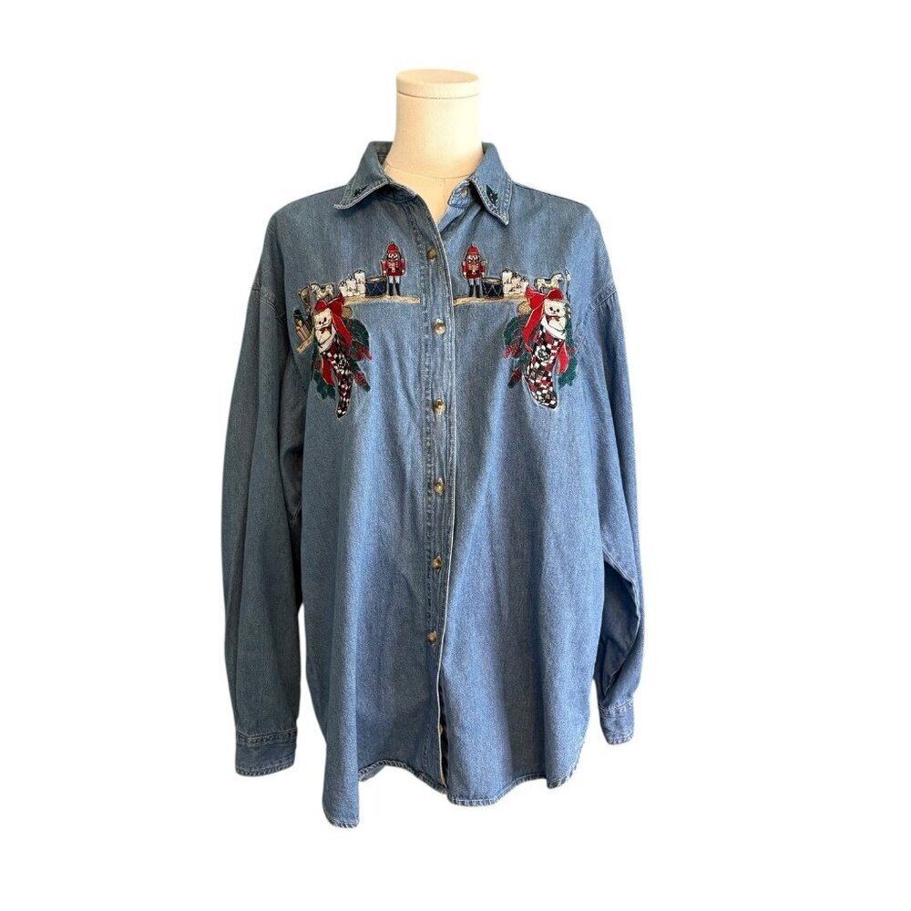 Vintage Women's XL Denim Blue Cotton Nutcracker Christmas Cat Holiday Shirt